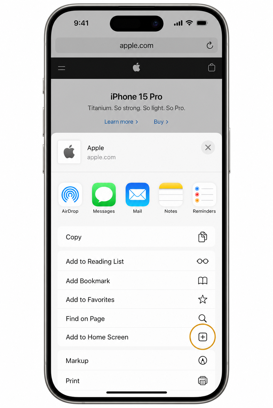 iOS Share Sheet with Add to Home Screen highlighted
