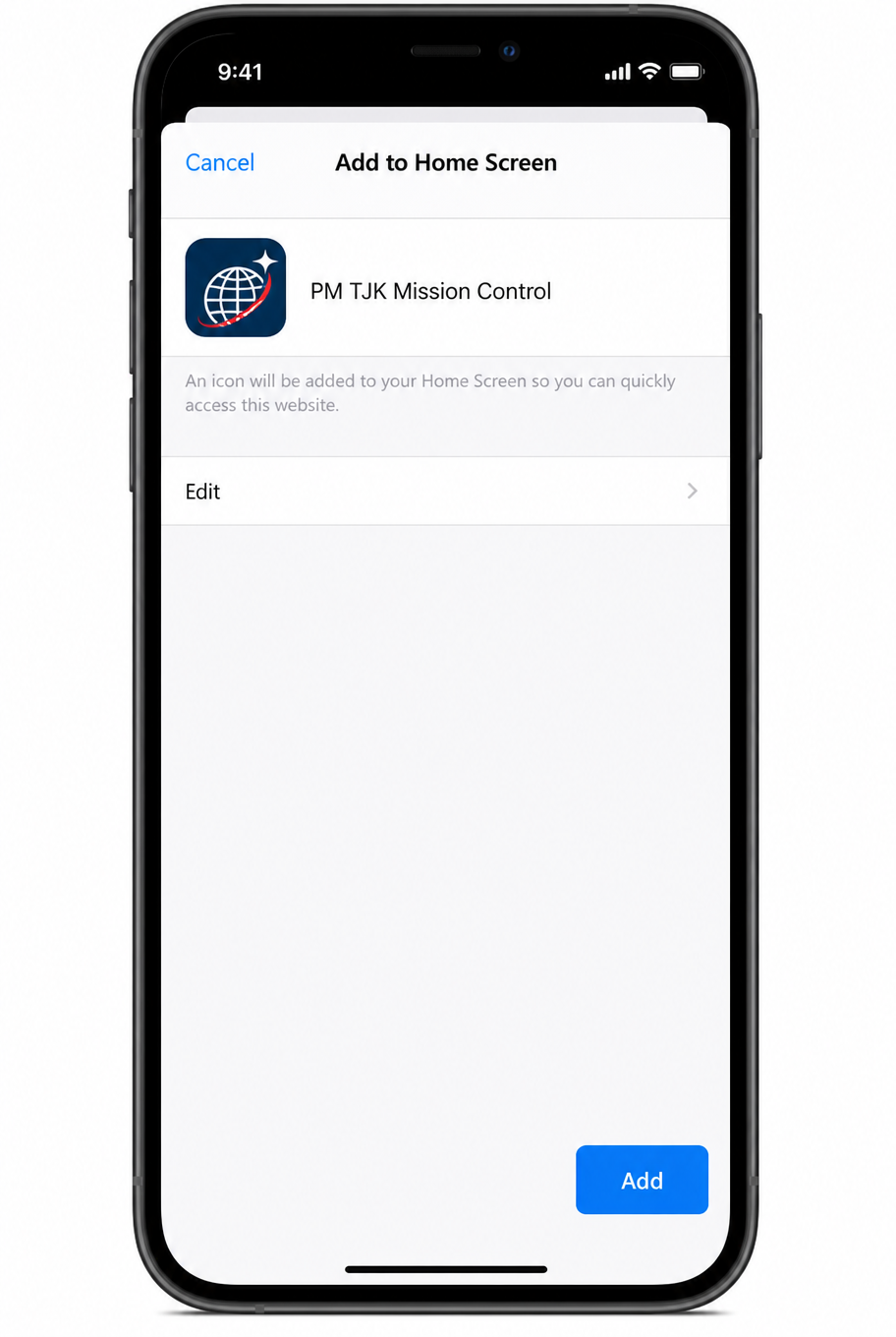 iOS Add to Home Screen confirmation dialog