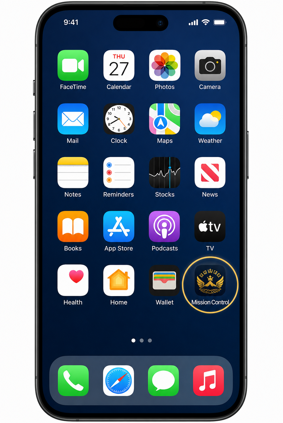 iPhone Home Screen with the Mission Control icon highlighted